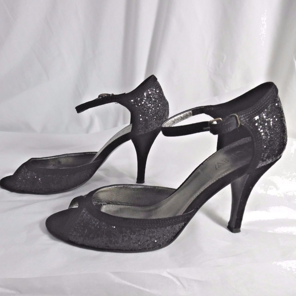 J Crew Peep Toe Black Etta Glitter size 7 Italy